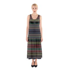 Dark Rust Red And Green Stripes Pattern Sleeveless Maxi Dress by SpinnyChairDesigns