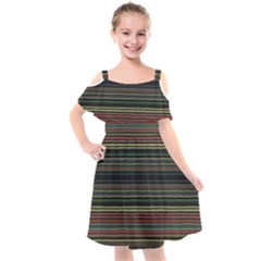 Dark Rust Red And Green Stripes Pattern Kids  Cut Out Shoulders Chiffon Dress by SpinnyChairDesigns