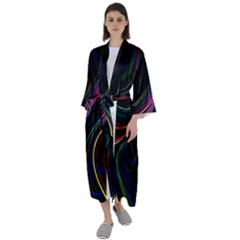 Neon Glow Lines On Black Maxi Satin Kimono by SpinnyChairDesigns