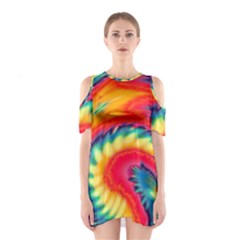 Colorful Dark Tie Dye Pattern Shoulder Cutout One Piece Dress by SpinnyChairDesigns