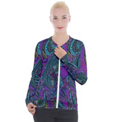 Purple Teal Abstract Jungle Print Pattern Casual Zip Up Jacket by SpinnyChairDesigns