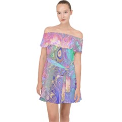 Pastel Marble Paint Swirl Pattern Off Shoulder Chiffon Dress by SpinnyChairDesigns