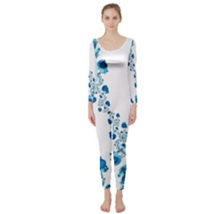 Abstract Blue Flowers On White Long Sleeve Catsuit by SpinnyChairDesigns