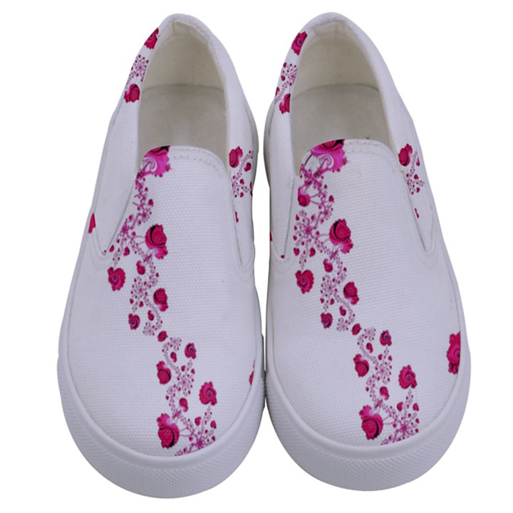 Abstract Pink Roses on White Kids  Canvas Slip Ons