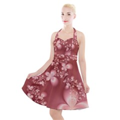 Tea Rose Colored Floral Pattern Halter Party Swing Dress  by SpinnyChairDesigns