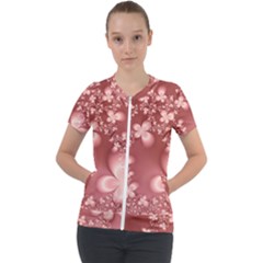 Tea Rose Colored Floral Pattern Short Sleeve Zip Up Jacket by SpinnyChairDesigns