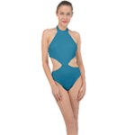 Mosaic Blue Pantone Solid Color Halter Side Cut Swimsuit