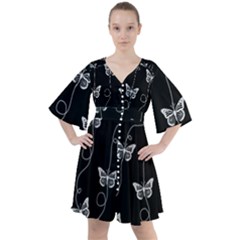 Black And White Butterfly Pattern Boho Button Up Dress by SpinnyChairDesigns