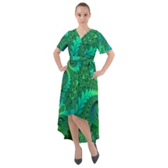 Green Floral Fern Swirls And Spirals Front Wrap High Low Dress by SpinnyChairDesigns