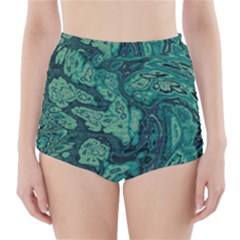 Dark Green Marbled Texture High-waisted Bikini Bottoms by SpinnyChairDesigns