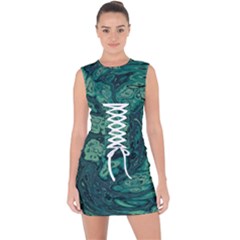 Dark Green Marbled Texture Lace Up Front Bodycon Dress by SpinnyChairDesigns
