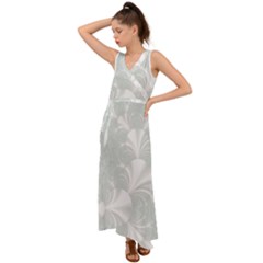 Mint Cream And White Intricate Swirl Spiral V-neck Chiffon Maxi Dress by SpinnyChairDesigns