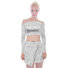 White Abstract Paisley Pattern Off Shoulder Top With Mini Skirt Set by SpinnyChairDesigns