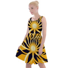 Black Yellow Abstract Floral Pattern Knee Length Skater Dress by SpinnyChairDesigns
