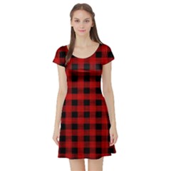 Grunge Red Black Buffalo Plaid Short Sleeve Skater Dress by SpinnyChairDesigns