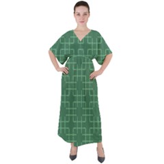 Dark Mint Green Geometric V-neck Boho Style Maxi Dress by SpinnyChairDesigns