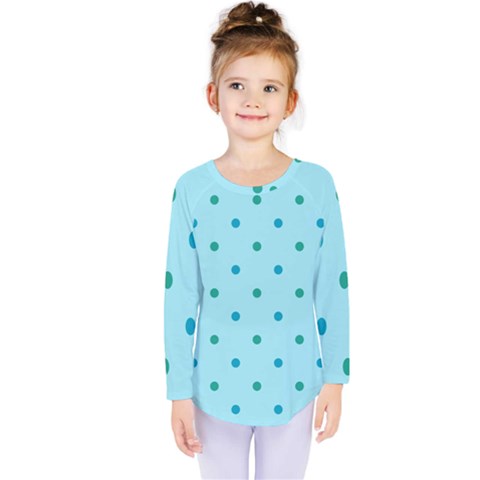Blue Teal Green Polka Dots Kids  Long Sleeve Tee by SpinnyChairDesigns