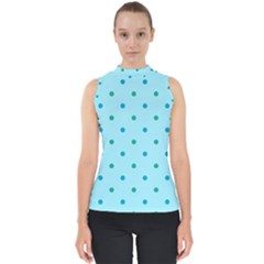 Blue Teal Green Polka Dots Mock Neck Shell Top by SpinnyChairDesigns