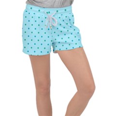 Blue Teal Green Polka Dots Velour Lounge Shorts by SpinnyChairDesigns