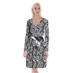 Abstract Black And White Swirls Spirals Long Sleeve Velvet Front Wrap Dress by SpinnyChairDesigns