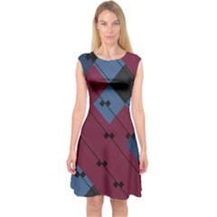 Burgundy Black Blue Abstract Check Pattern Capsleeve Midi Dress by SpinnyChairDesigns