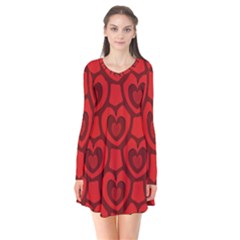 Dark Red Heart Pattern Long Sleeve V-neck Flare Dress by SpinnyChairDesigns