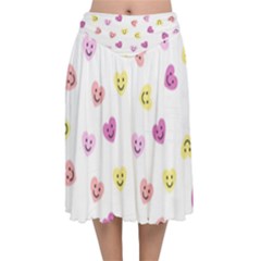 Cute Colorful Smiling Hearts Pattern Velvet Flared Midi Skirt by SpinnyChairDesigns