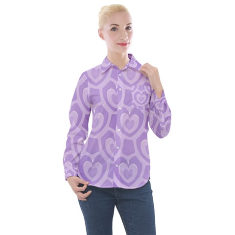 Purple Hearts Pattern Women s Long Sleeve Pocket Shirt by SpinnyChairDesigns