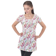 Colorful Rainbow Peace Symbols Puff Sleeve Tunic Top by SpinnyChairDesigns