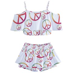 Colorful Rainbow Peace Symbols Kids  Off Shoulder Skirt Bikini by SpinnyChairDesigns