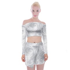 White Silver Swirls Pattern Off Shoulder Top With Mini Skirt Set by SpinnyChairDesigns