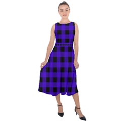 Dark Blue Black Buffalo Plaid Midi Tie-back Chiffon Dress by SpinnyChairDesigns