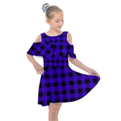 Dark Blue Black Buffalo Plaid Kids  Shoulder Cutout Chiffon Dress