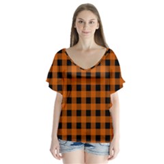 Orange Black Buffalo Plaid V-neck Flutter Sleeve Top by SpinnyChairDesigns