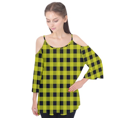 Yellow Black Buffalo Plaid Flutter Tees by SpinnyChairDesigns