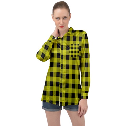 Yellow Black Buffalo Plaid Long Sleeve Satin Shirt by SpinnyChairDesigns