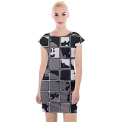 Black And White Checkered Grunge Pattern Cap Sleeve Bodycon Dress by SpinnyChairDesigns