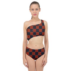 Red And Black Checkered Grunge  Spliced Up Two Piece Swimsuit by SpinnyChairDesigns