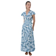 Truchet Tiles Blue White Flutter Sleeve Maxi Dress by SpinnyChairDesigns