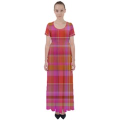 Pink Orange Madras Plaid High Waist Short Sleeve Maxi Dress by SpinnyChairDesigns