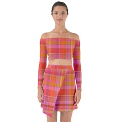 Pink Orange Madras Plaid Off Shoulder Top With Skirt Set by SpinnyChairDesigns