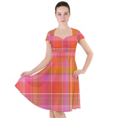 Pink Orange Madras Plaid Cap Sleeve Midi Dress