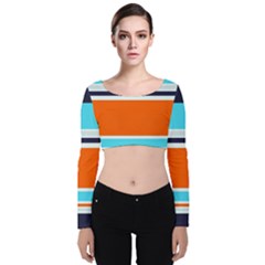 Tri Color Stripes Velvet Long Sleeve Crop Top by tmsartbazaar