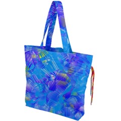 Blue Abstract Floral Paint Brush Strokes Drawstring Tote Bag by SpinnyChairDesigns