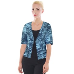 Teal Turquoise Abstract Art Cropped Button Cardigan by SpinnyChairDesigns