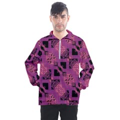 Fuchsia Black Abstract Checkered Stripes  Men s Half Zip Pullover by SpinnyChairDesigns