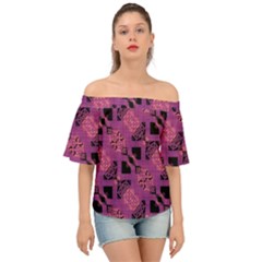 Fuchsia Black Abstract Checkered Stripes  Off Shoulder Short Sleeve Top by SpinnyChairDesigns