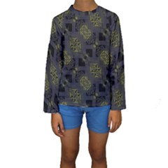 Grey Green Black Abstract Checkered Stripes Kids  Long Sleeve Swimwear by SpinnyChairDesigns