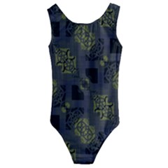 Grey Green Black Abstract Checkered Stripes Kids  Cut-out Back One Piece Swimsuit by SpinnyChairDesigns