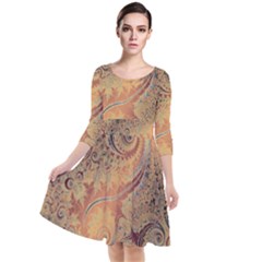 Terra Cotta Persian Orange Spirals Swirls Pattern Quarter Sleeve Waist Band Dress by SpinnyChairDesigns